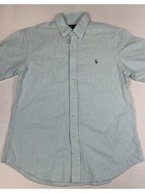 Ralph Lauren Men Large L Green White Striped Slim Fit Short Sleeve Shirt